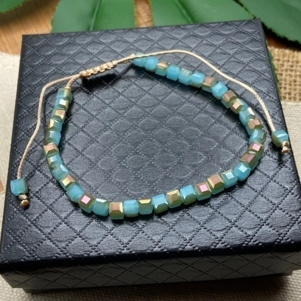 Cubic Boho Bracelet Iridescent Light Blue Tan‎ Crystal Beaded Adjustable Length